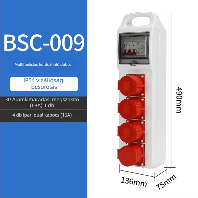 Építési helyszíni háromszintes aljzatelosztó doboz, IP65 vízálló, hordozható kültéri, 6 aljzat, 32A