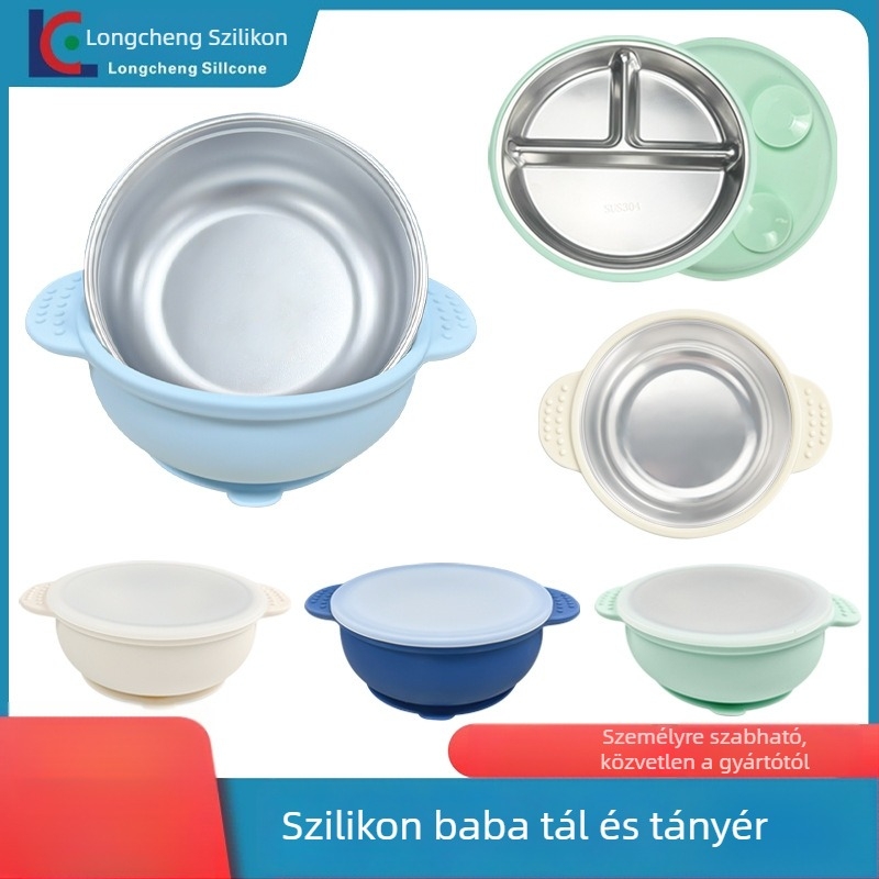 Gyerekeknek tervezett szilikon étkészlet tányér szeparátorral, 1 darabos készlet, három négyzetes tejpor rekesz, 3 hónaptól ajánlott, minimalistikus, friss és aranyos stílus