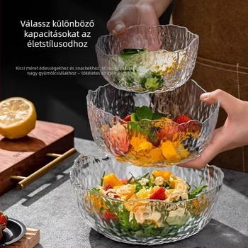 Üveg asztali edények készlet: saláta tál, leveses tál, desszertes tál és gyümölcs tál; hőálló üveg; kézzel készített; testre szabható; japán stilus; otthonra és kollégiumba.