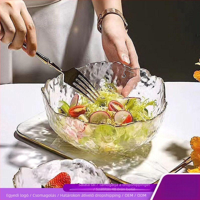 Üveg asztali edények készlet: saláta tál, leveses tál, desszertes tál és gyümölcs tál; hőálló üveg; kézzel készített; testre szabható; japán stilus; otthonra és kollégiumba.