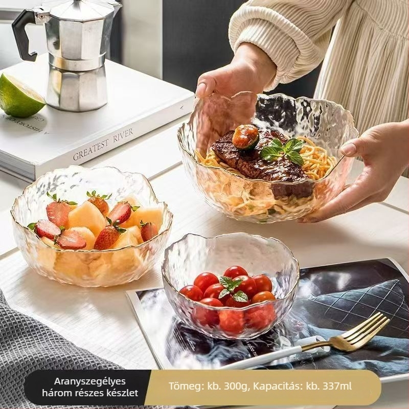 Üveg asztali edények készlet: saláta tál, leveses tál, desszertes tál és gyümölcs tál; hőálló üveg; kézzel készített; testre szabható; japán stilus; otthonra és kollégiumba.