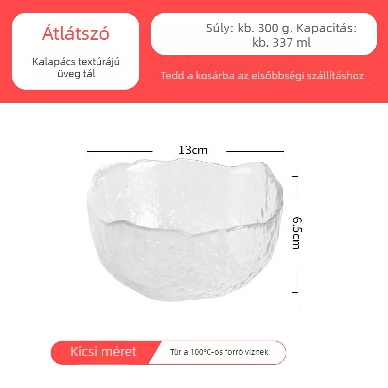 Üveg asztali edények készlet: saláta tál, leveses tál, desszertes tál és gyümölcs tál; hőálló üveg; kézzel készített; testre szabható; japán stilus; otthonra és kollégiumba.