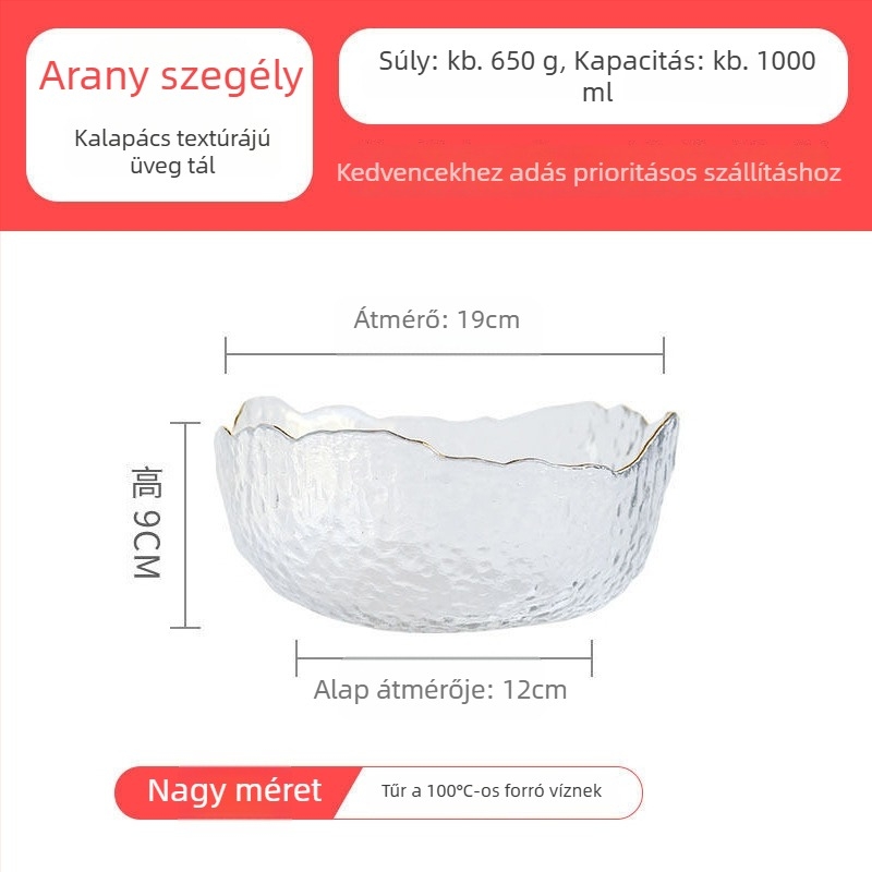 Üveg asztali edények készlet: saláta tál, leveses tál, desszertes tál és gyümölcs tál; hőálló üveg; kézzel készített; testre szabható; japán stilus; otthonra és kollégiumba.