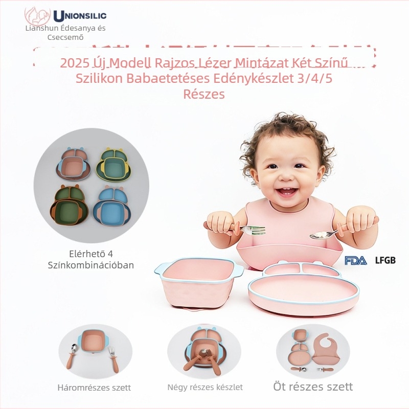 5 rez es szilikon baba étkezőkészlet suction plate-tel és 3 rekeszes tejporos dobozzal