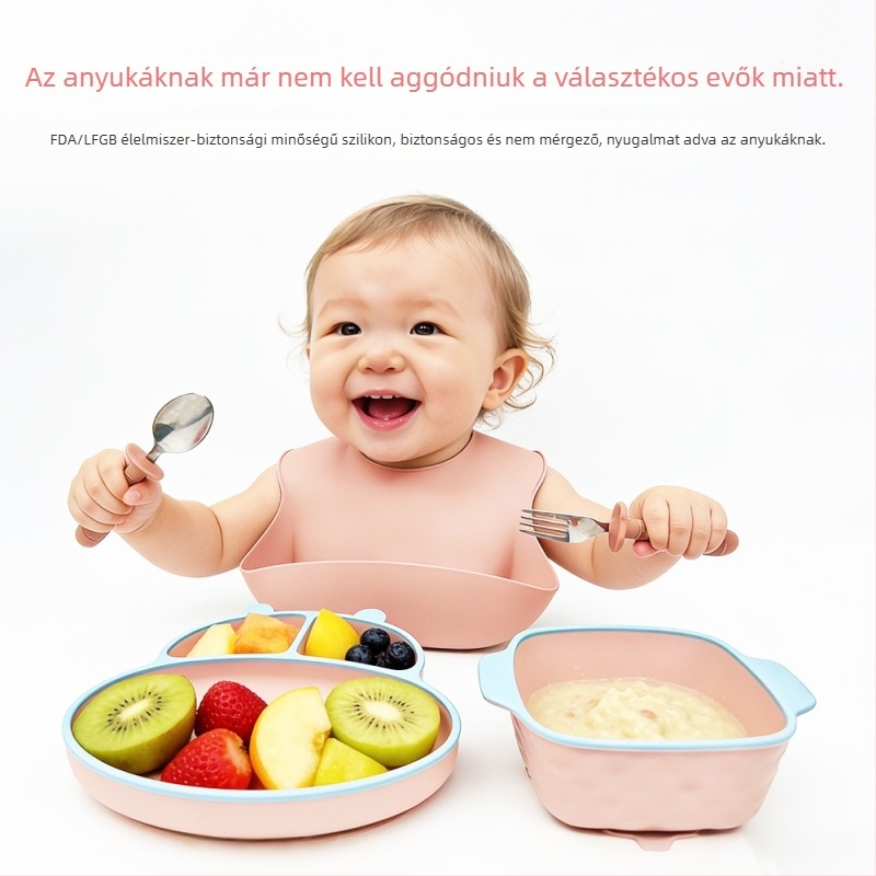 5 rez es szilikon baba étkezőkészlet suction plate-tel és 3 rekeszes tejporos dobozzal