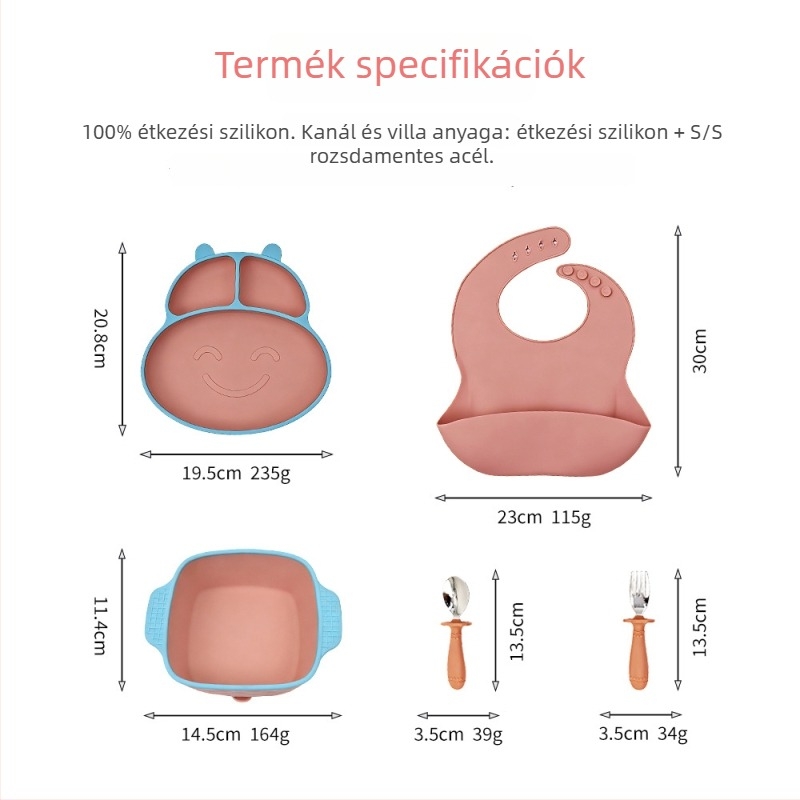 5 rez es szilikon baba étkezőkészlet suction plate-tel és 3 rekeszes tejporos dobozzal