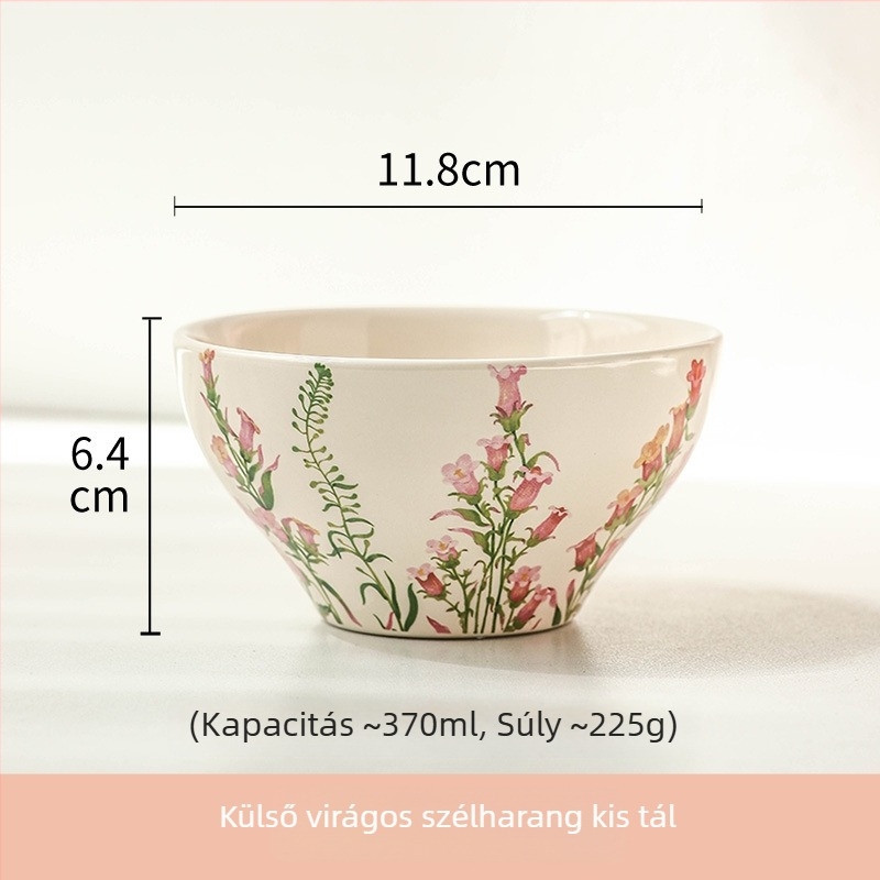 Kerámia rizs tál virágos mintával, gömbölyű alakú, friss és aranyos stílusú, mikrohullámú sütőben használható