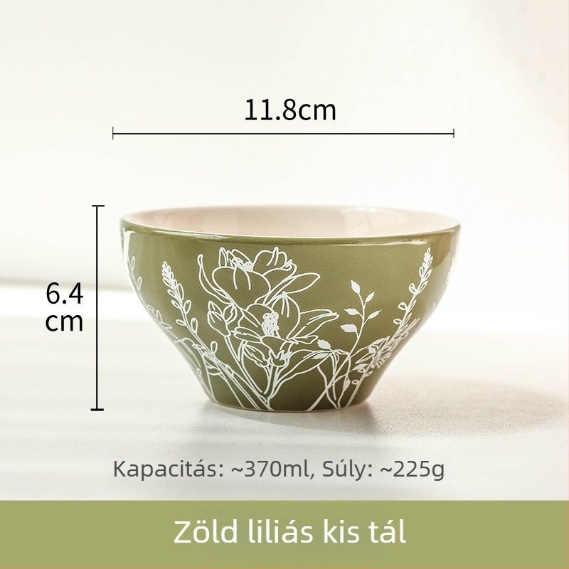 Kerámia rizs tál virágos mintával, gömbölyű alakú, friss és aranyos stílusú, mikrohullámú sütőben használható
