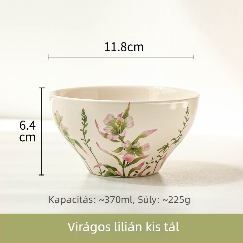 Kerámia rizs tál virágos mintával, gömbölyű alakú, friss és aranyos stílusú, mikrohullámú sütőben használható