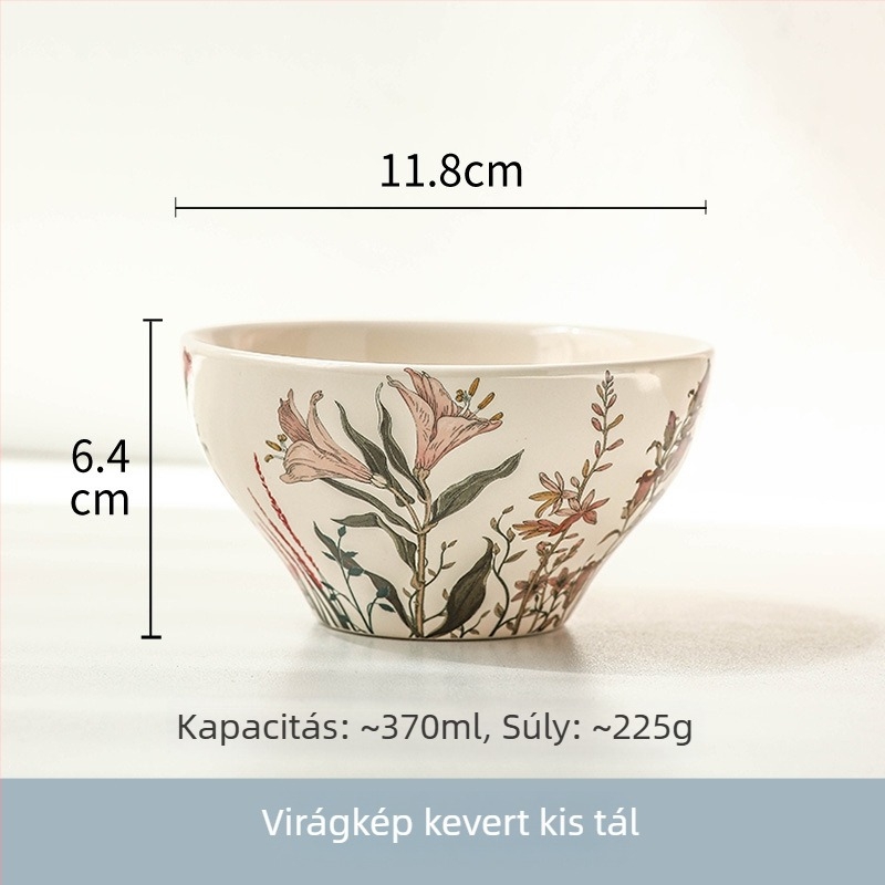 Kerámia rizs tál virágos mintával, gömbölyű alakú, friss és aranyos stílusú, mikrohullámú sütőben használható