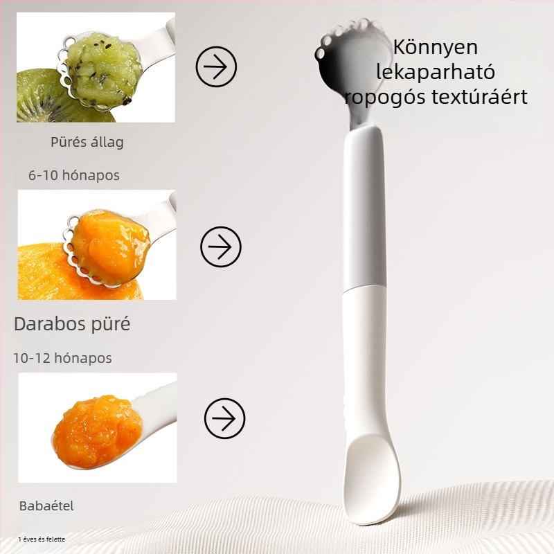 Kétoldalas baba etetőkanál – rozsdamentes acél, egyszerű stílus, 3 hónapos vagy idősebb gyermekeknek