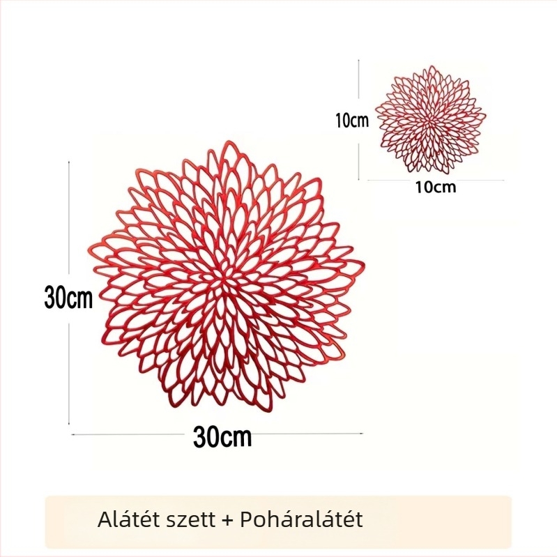 PVC alátét és poháralátét készlet virágos mintával, üreges kivitel és arany pecsét, kerek asztali alátét
