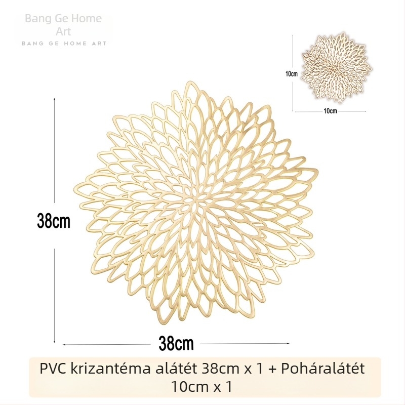 PVC alátét és poháralátét készlet virágos mintával, üreges kivitel és arany pecsét, kerek asztali alátét