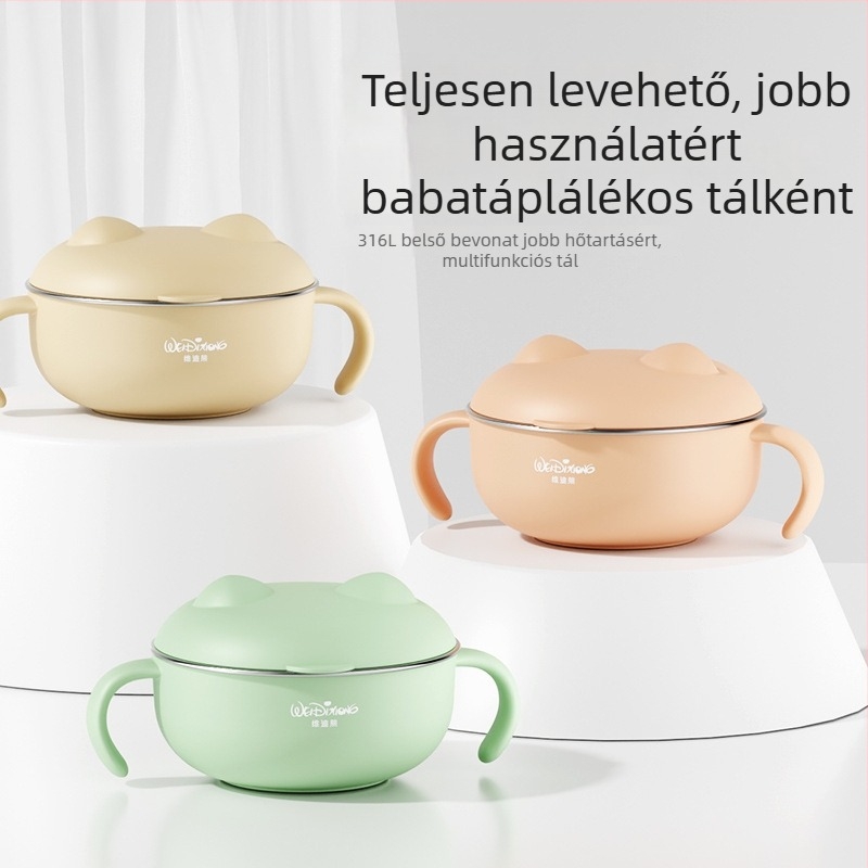 Widie Bear Baba etető tál, 316 rozsdamentes acél, anti-esés és antiégés fogantyúval, 3 hónapos kortól