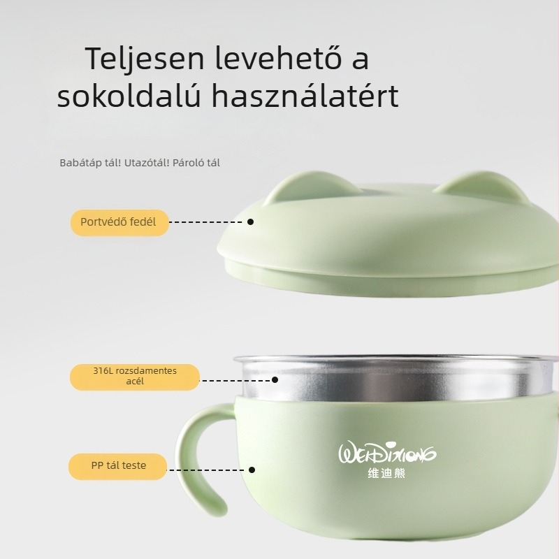 Widie Bear Baba etető tál, 316 rozsdamentes acél, anti-esés és antiégés fogantyúval, 3 hónapos kortól
