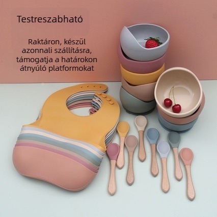 Csecsemő szilikon étkezési készlet nyakvédővel, tál és kanállal – négy rekeszű doboz, 4 darab KS-359