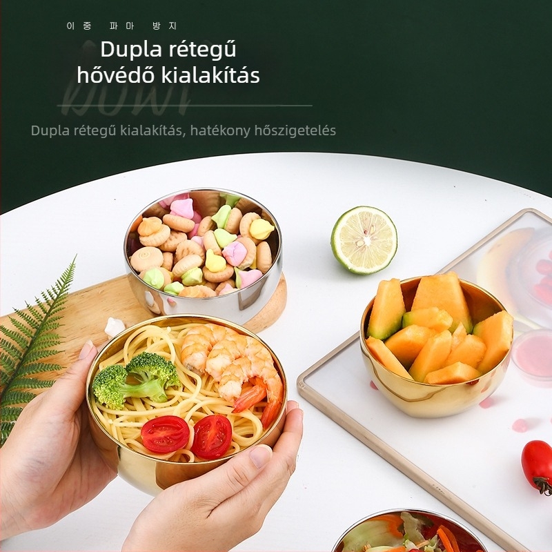 304 rozsdamentes acél, kétszintes szigetelt tál, mikrohullámú sütőben használható, kerek rizstál elektroplattált felülettel, átmérő 10–12,9 cm