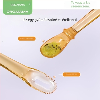 Szilikonból készült bébi gyümölcspüré kanál, kétfejű, fogazott végű, hordozható, 6 hónapos kortól