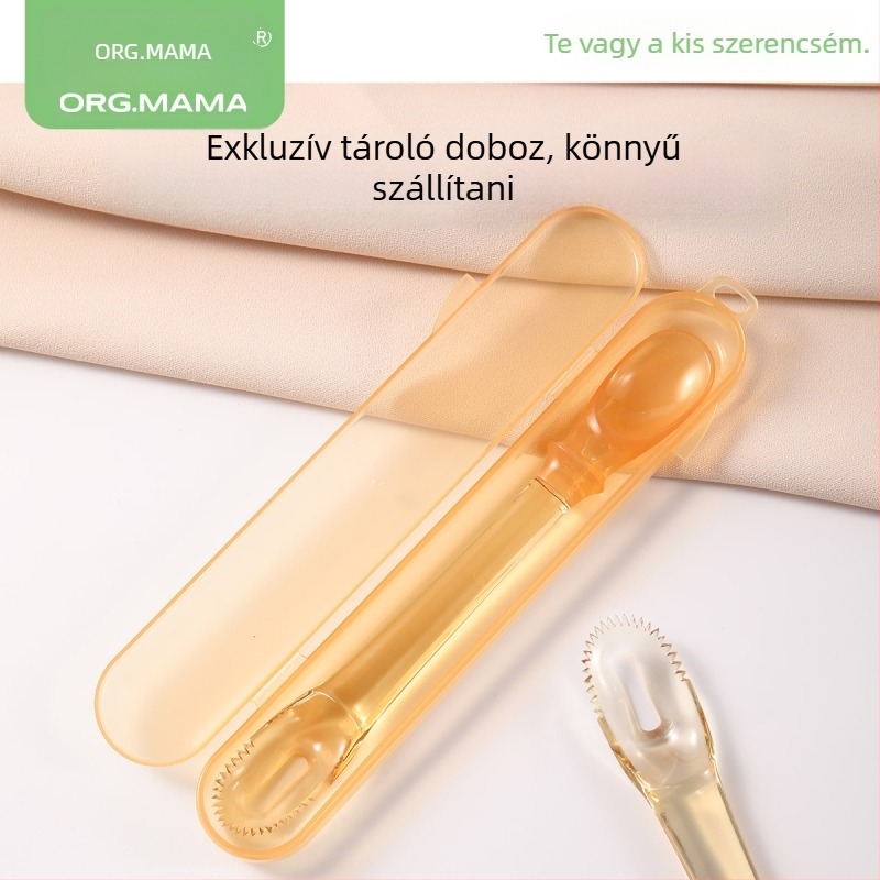 Szilikonból készült bébi gyümölcspüré kanál, kétfejű, fogazott végű, hordozható, 6 hónapos kortól