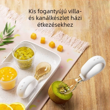 Gyerekeknek szóló edzéshez: kanál és villa gyűrűs fogantyúval, szilikon, 6 hónapos kortól, 1 készlet