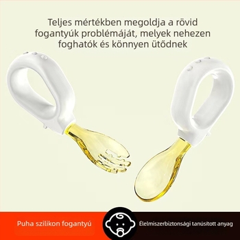 Gyerekeknek szóló edzéshez: kanál és villa gyűrűs fogantyúval, szilikon, 6 hónapos kortól, 1 készlet