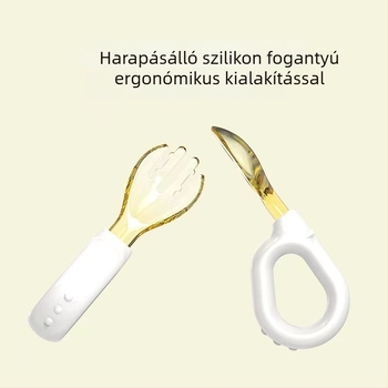 Gyerekeknek szóló edzéshez: kanál és villa gyűrűs fogantyúval, szilikon, 6 hónapos kortól, 1 készlet
