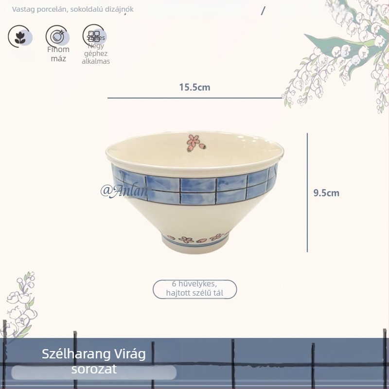 Faégetett porcelán étkészlet harangvirág mintával, kézzel festett aláglazúrral; tartalmaz rizses tálat, tészta tálat, étkező tálat és halas tányért