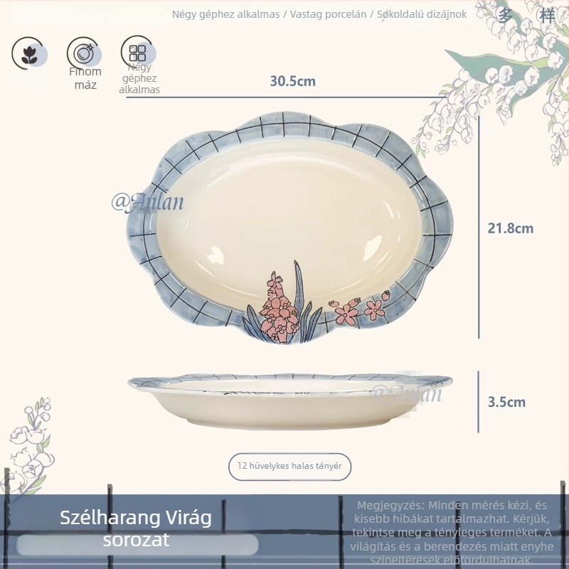 Faégetett porcelán étkészlet harangvirág mintával, kézzel festett aláglazúrral; tartalmaz rizses tálat, tészta tálat, étkező tálat és halas tányért