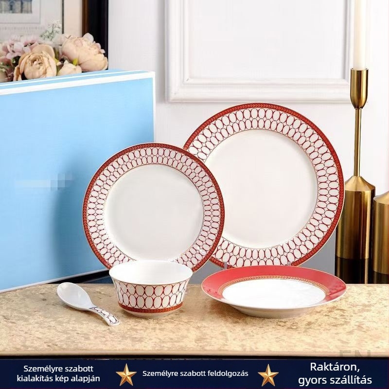 5 részes bone china étkészlet: tál, tányérok és kanál; alglazúros minta a szerencse és boldogság jegyében; mikrohullámú sütőben használható; ajándékdoboz