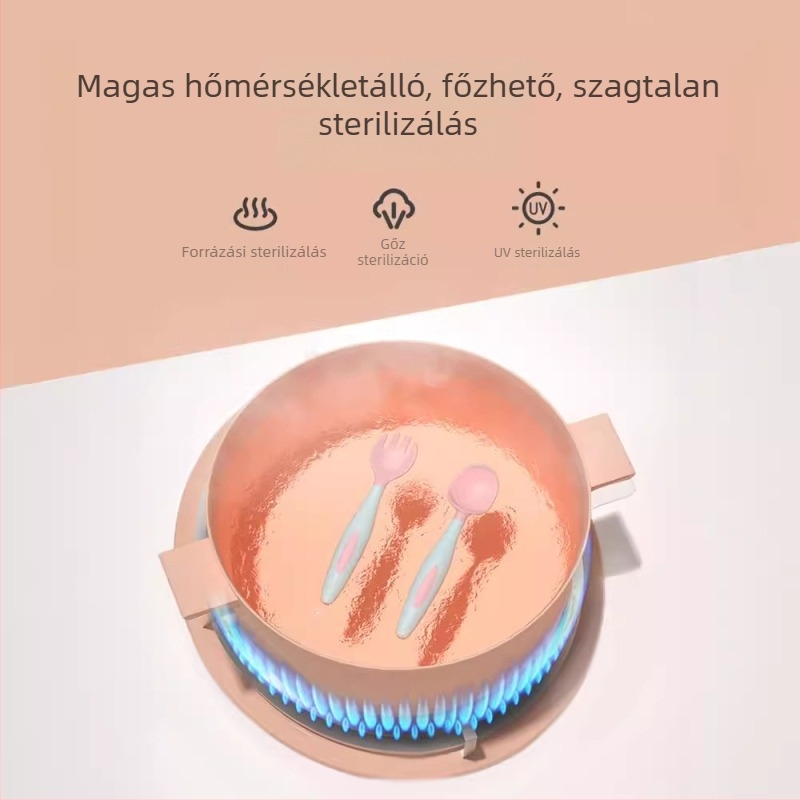 Gyermekek számára edzéses étkészlet: csavaró villa és hajlítható kanál, PP anyag, 6 hónapos kortól, 2 darabos készlet, Maternal Love márka