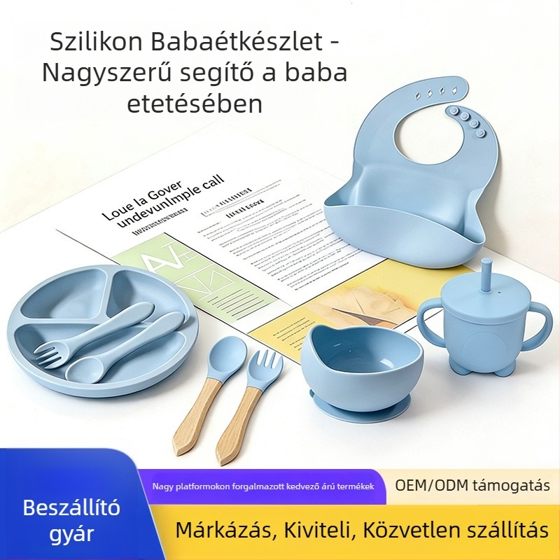 Szilikon baba etető készlet: mosolygó tál, szilikonból készült tál, Love pohár, pohárfedél, szilikon kanál és villa, fa fogantyúval ellátott evőeszközök; 6 hónapos kortól ajánlott