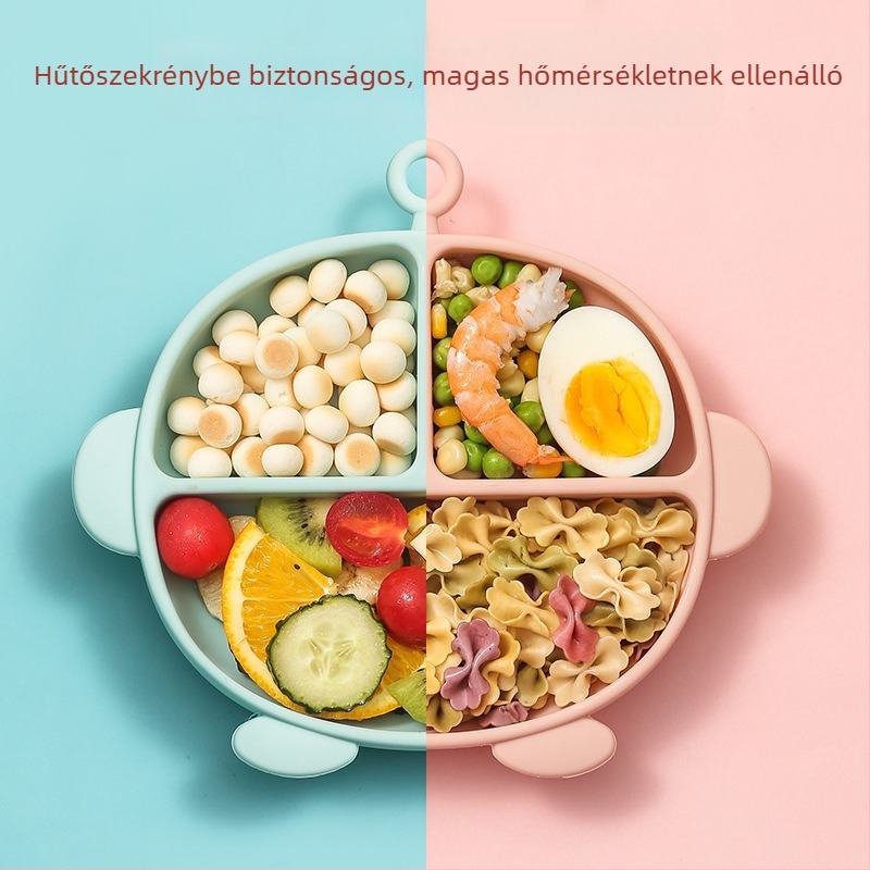 Baba szilikon szívó tál osztott rekeszekkel – egy darabból álló, rajzfilm stílusú gyermek étkészlet a tanuláshoz (6 hónapos kortól)