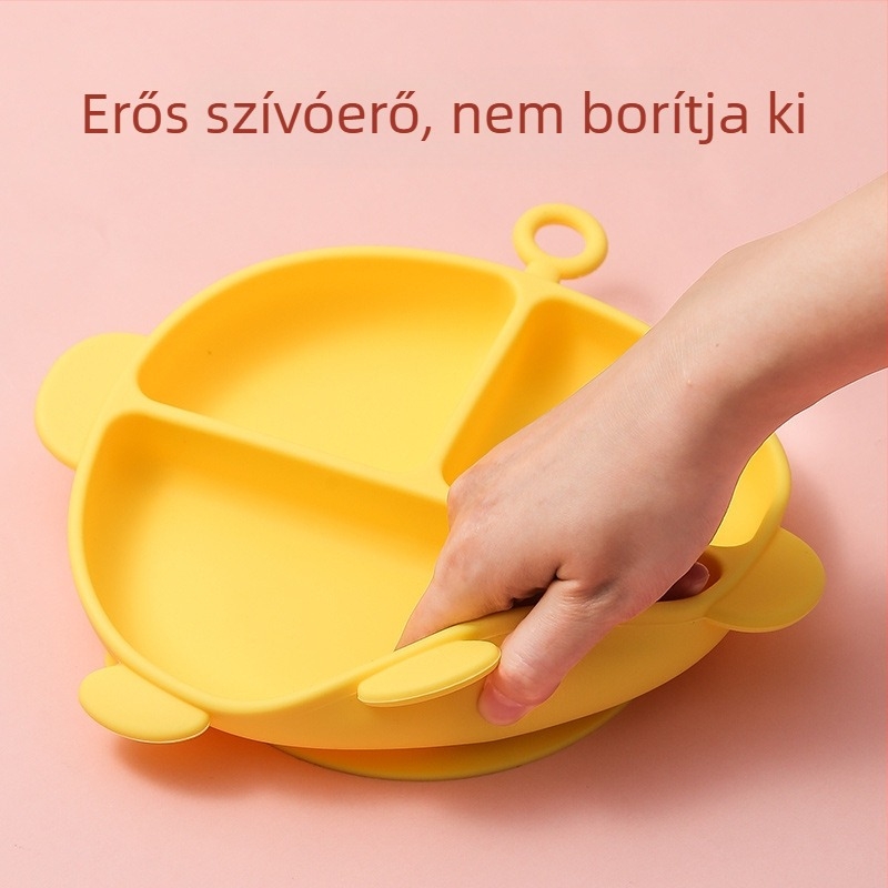 Baba szilikon szívó tál osztott rekeszekkel – egy darabból álló, rajzfilm stílusú gyermek étkészlet a tanuláshoz (6 hónapos kortól)