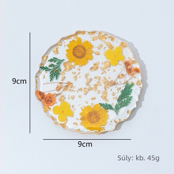 Kör alakú poháralátét epoxigyantából, virágos mintával, modern minimalista stílus, 2020 nyarán debütált.