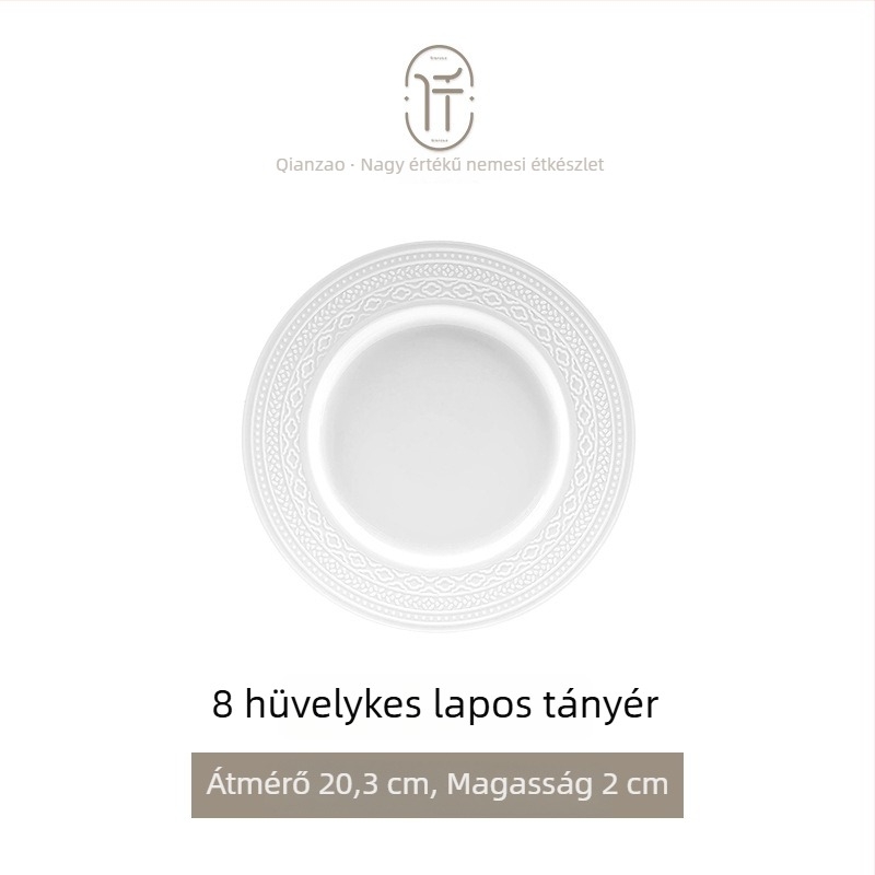 Porcelán étkészlet — tálak és tányérok, kör alakú, egyszínű mintázat relief alatt glazúrral, könnyed luxus retro stílus, 2024 tavaszi bevezetés.