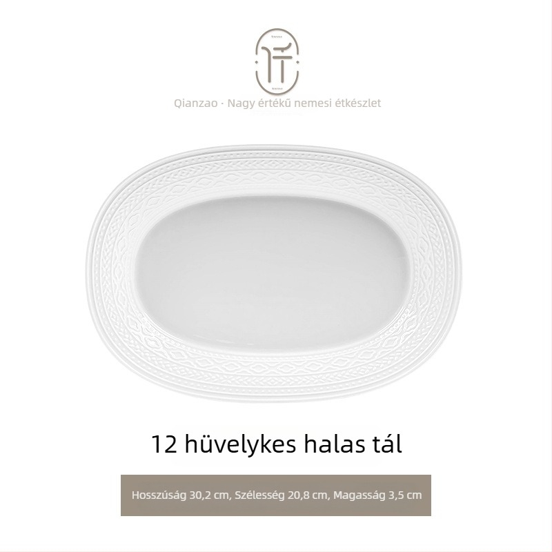 Porcelán étkészlet — tálak és tányérok, kör alakú, egyszínű mintázat relief alatt glazúrral, könnyed luxus retro stílus, 2024 tavaszi bevezetés.