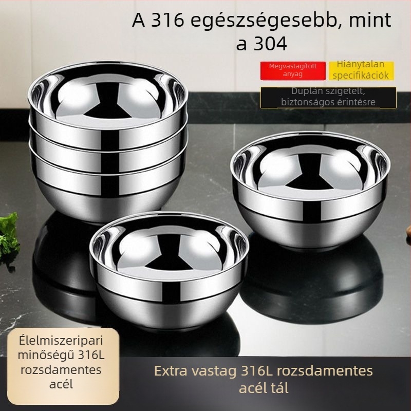 316L rozsdamentes acélból készült dupla falú szigetelt tál — élelmiszer-minőség, mikróhullámú sütőben használható, égés elleni védelem