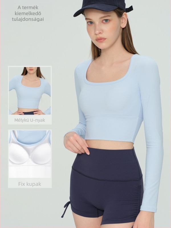 Hosszú ujjú jóga felső fix kosárbetéttel és U-nyakú kivitel, NULS anyag gyorsan szárad, 80% nylon / 20% spandex