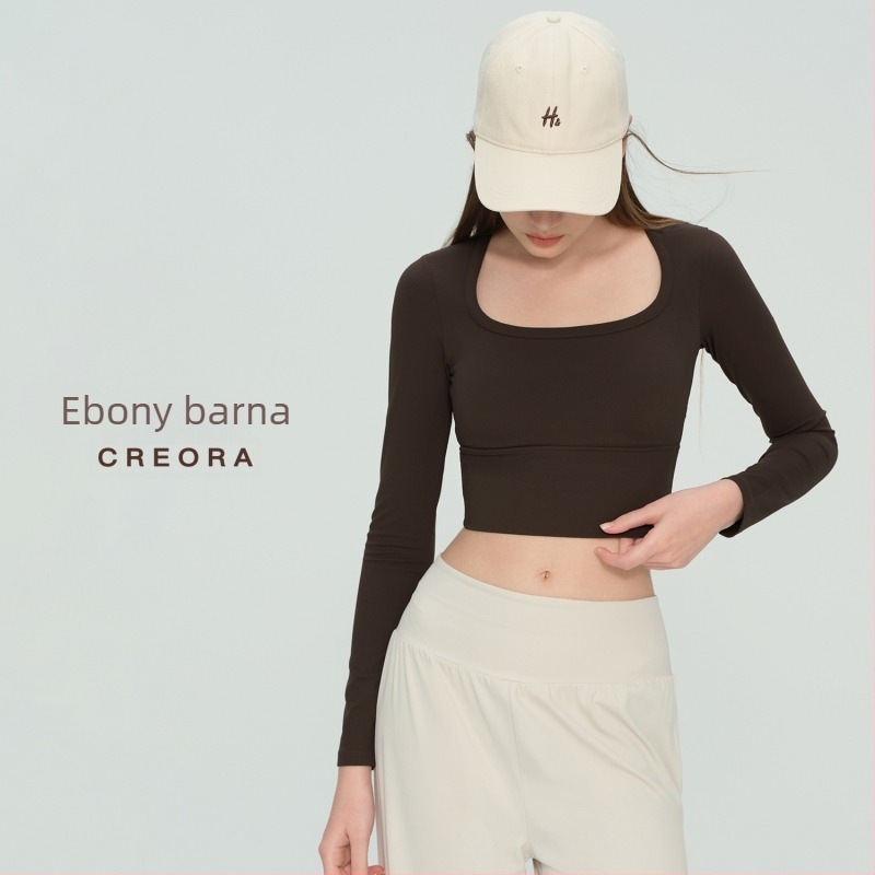 Hosszú ujjú jóga felső fix kosárbetéttel és U-nyakú kivitel, NULS anyag gyorsan szárad, 80% nylon / 20% spandex