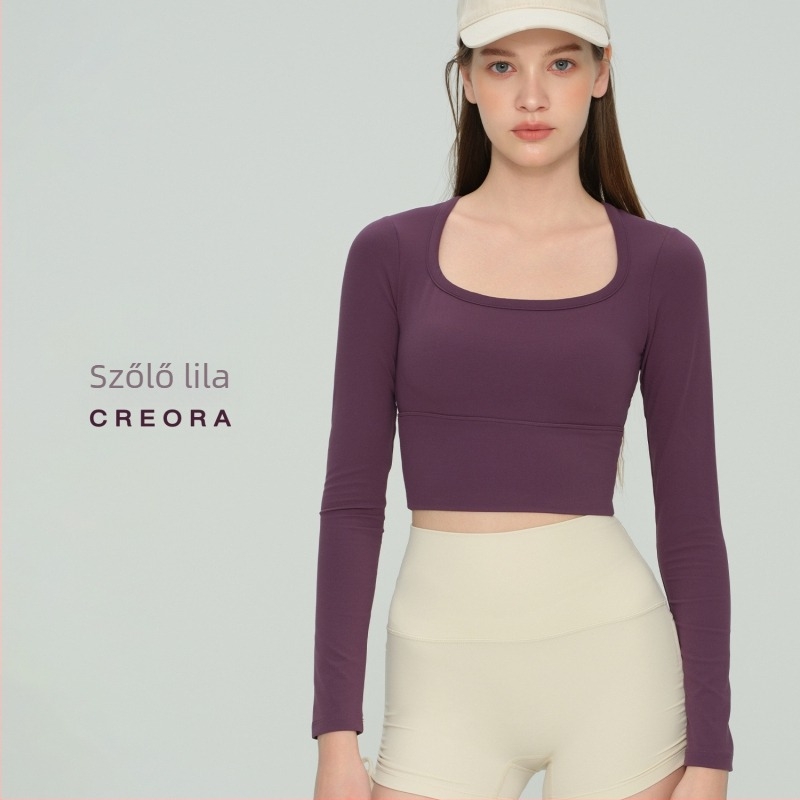 Hosszú ujjú jóga felső fix kosárbetéttel és U-nyakú kivitel, NULS anyag gyorsan szárad, 80% nylon / 20% spandex