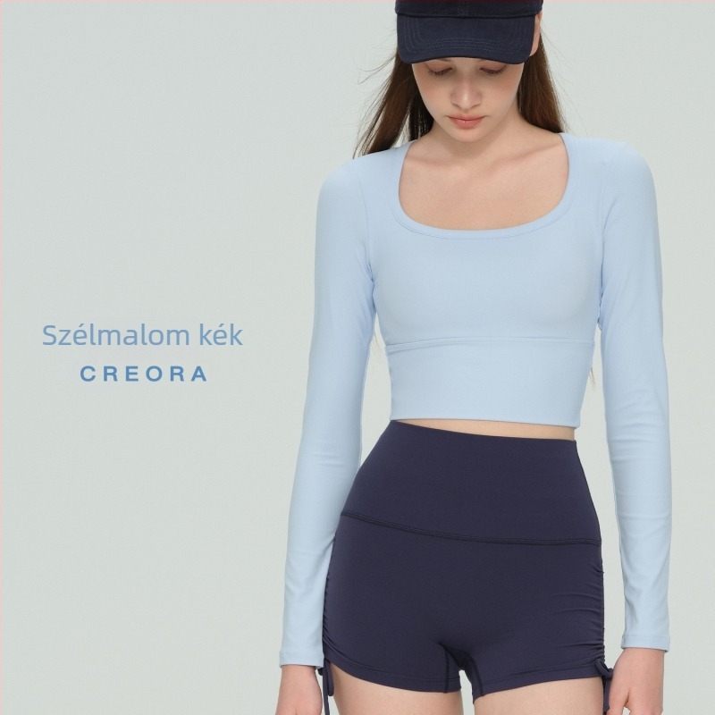 Hosszú ujjú jóga felső fix kosárbetéttel és U-nyakú kivitel, NULS anyag gyorsan szárad, 80% nylon / 20% spandex