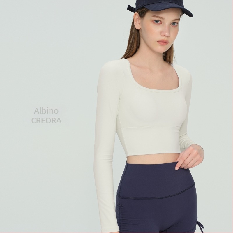 Hosszú ujjú jóga felső fix kosárbetéttel és U-nyakú kivitel, NULS anyag gyorsan szárad, 80% nylon / 20% spandex