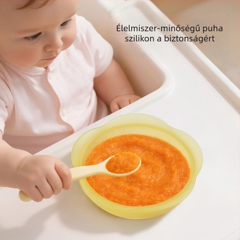 Gyerekeknek szánt szilikon étkészlet – kör alakú etető tál és evőeszközök, élelmiszer-minőségű szilikon, esés elleni szívócsésze, aranyos rajzfilmsz-stílus