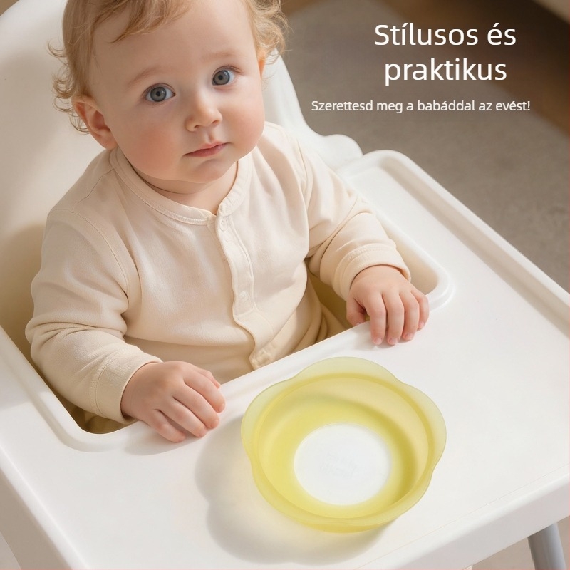 Gyerekeknek szánt szilikon étkészlet – kör alakú etető tál és evőeszközök, élelmiszer-minőségű szilikon, esés elleni szívócsésze, aranyos rajzfilmsz-stílus
