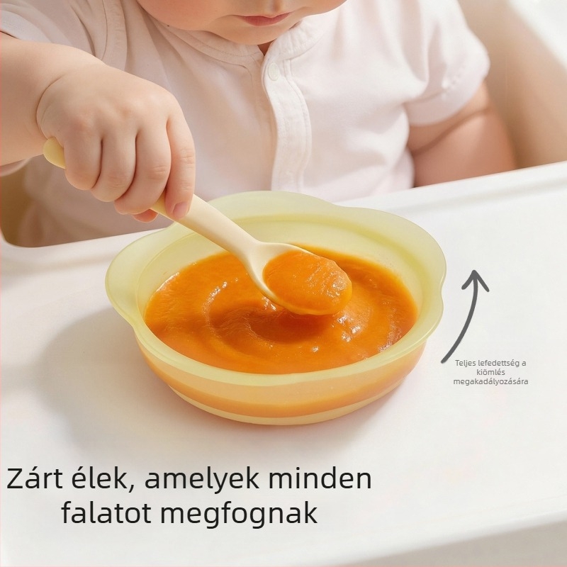 Gyerekeknek szánt szilikon étkészlet – kör alakú etető tál és evőeszközök, élelmiszer-minőségű szilikon, esés elleni szívócsésze, aranyos rajzfilmsz-stílus