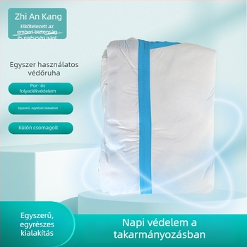 Egyszer használatos kapucnis egyrészes védőruha, nemszőtt anyagból, porvédő