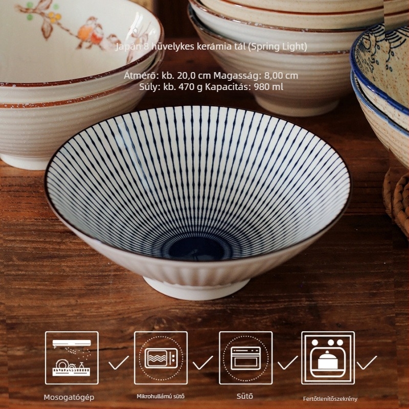 Japán stílusú porcelán ramen tál, kör alakú, mikrohullámú sütőben használható, alul-glazúr színű felület