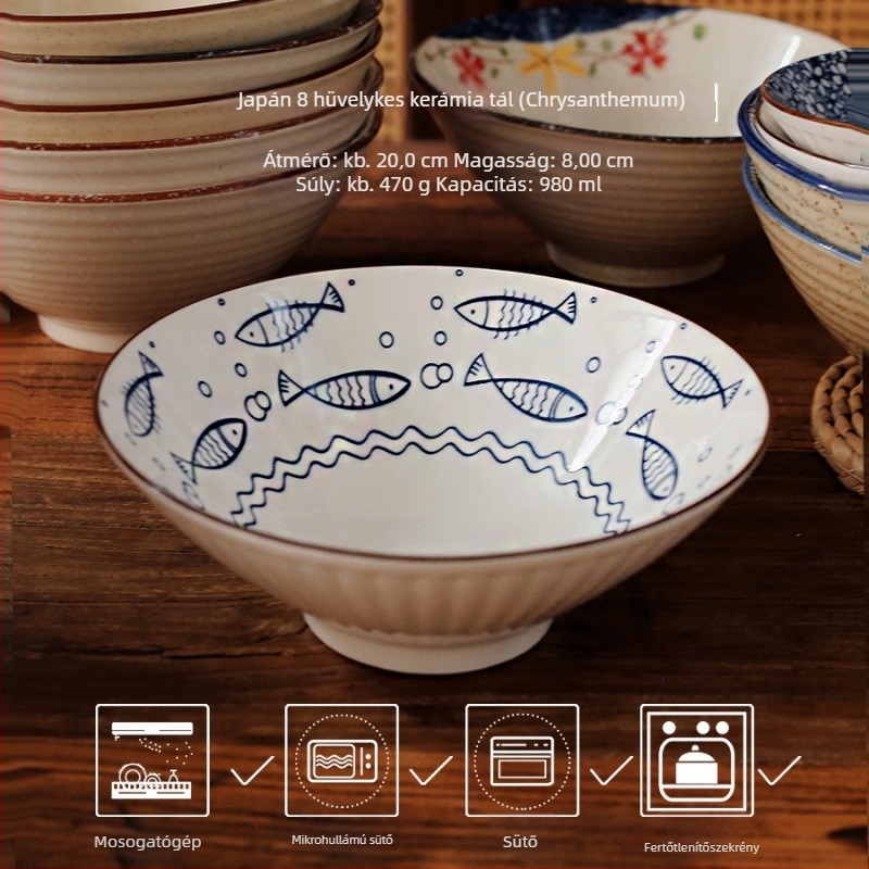 Japán stílusú porcelán ramen tál, kör alakú, mikrohullámú sütőben használható, alul-glazúr színű felület