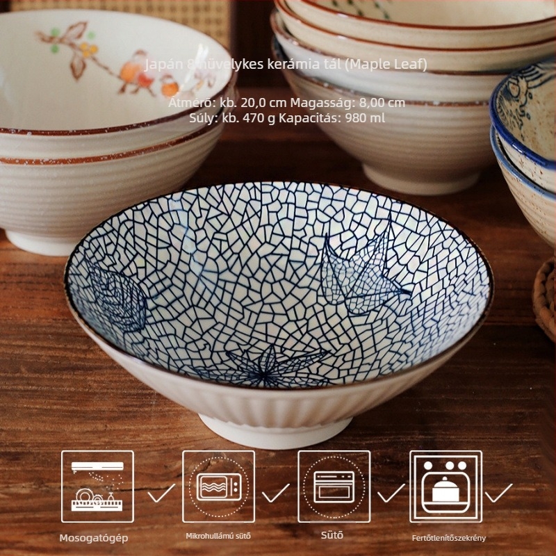 Japán stílusú porcelán ramen tál, kör alakú, mikrohullámú sütőben használható, alul-glazúr színű felület