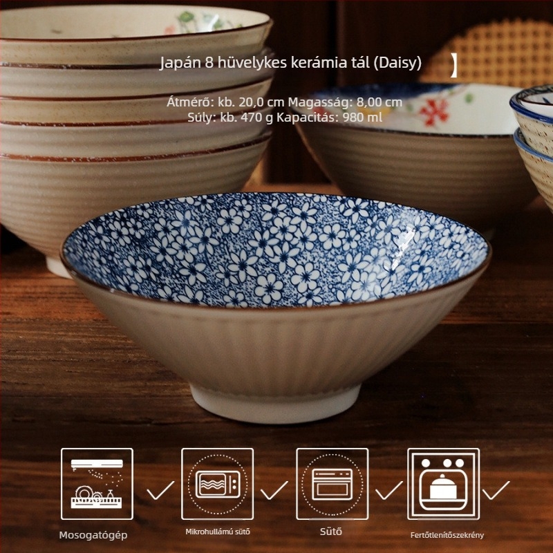 Japán stílusú porcelán ramen tál, kör alakú, mikrohullámú sütőben használható, alul-glazúr színű felület